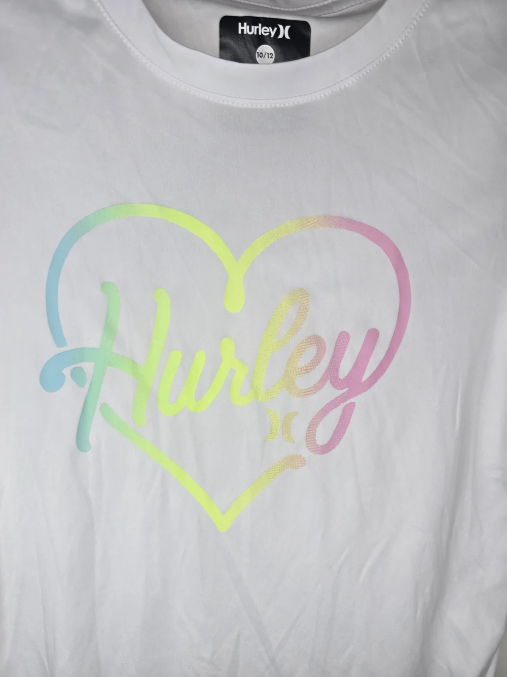 Hurley White Long Sleeve Kids Rash Guard  Pastel Rainbow Heart Logo 10/12